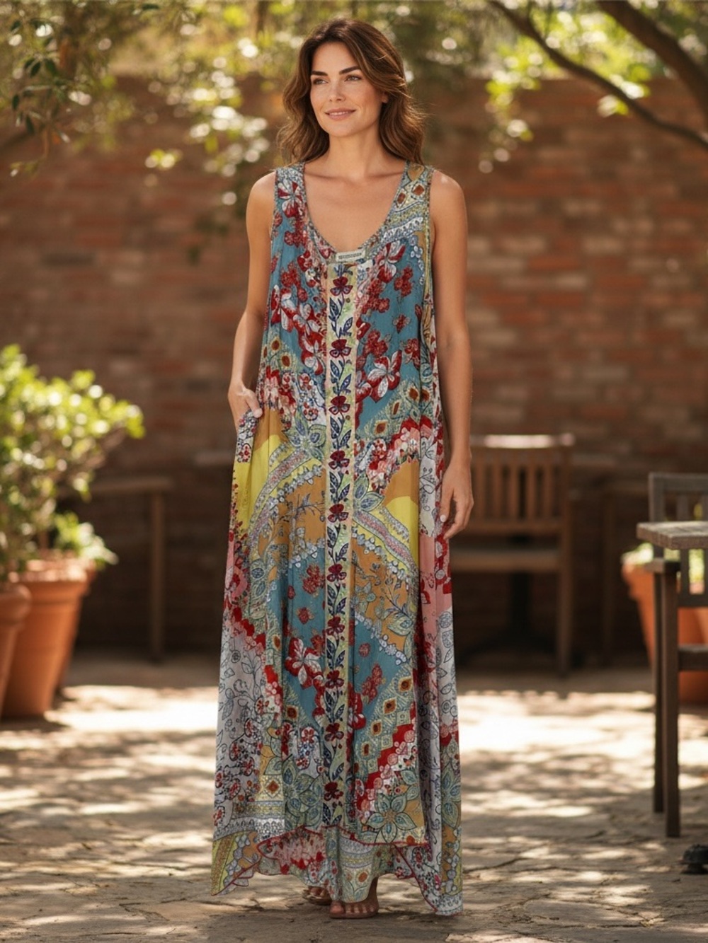 Coldwater Creek Lightweight Abstract Floral Lined Multi VNeck Tank Maxi Dress PL
